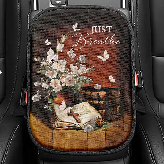 Just Breathe Flowerpot Hummingbird Seat Box Cover, Bible Verse Car Center Console Cover, Inspirational Car Interior Accessories