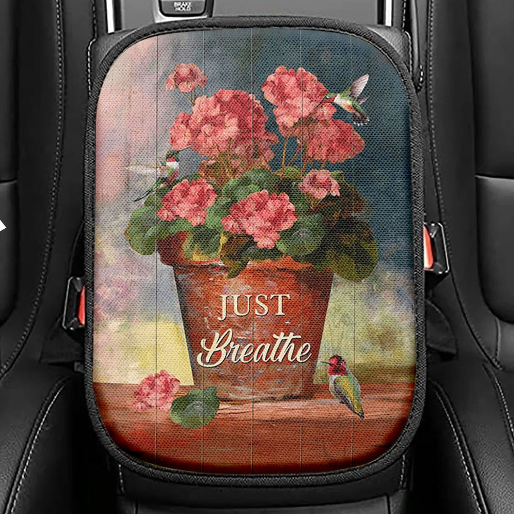 Just Breathe Flowers White Peony Ocean View Seat Box Cover, Bible Verse Car Center Console Cover, Inspirational Car Interior Accessories