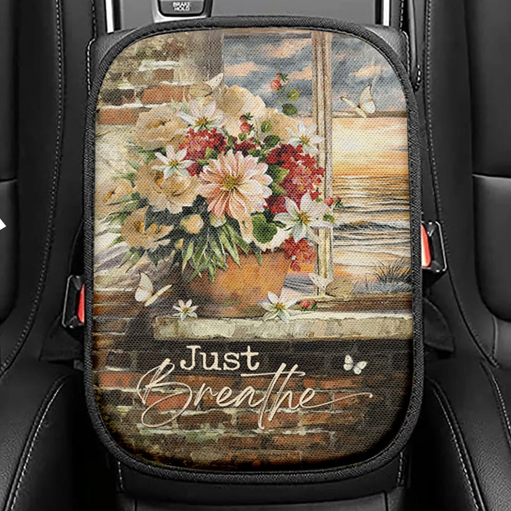 Just Breathe German Shepherd Dog Seat Box Cover, Bible Verse Car Center Console Cover, Inspirational Car Interior Accessories