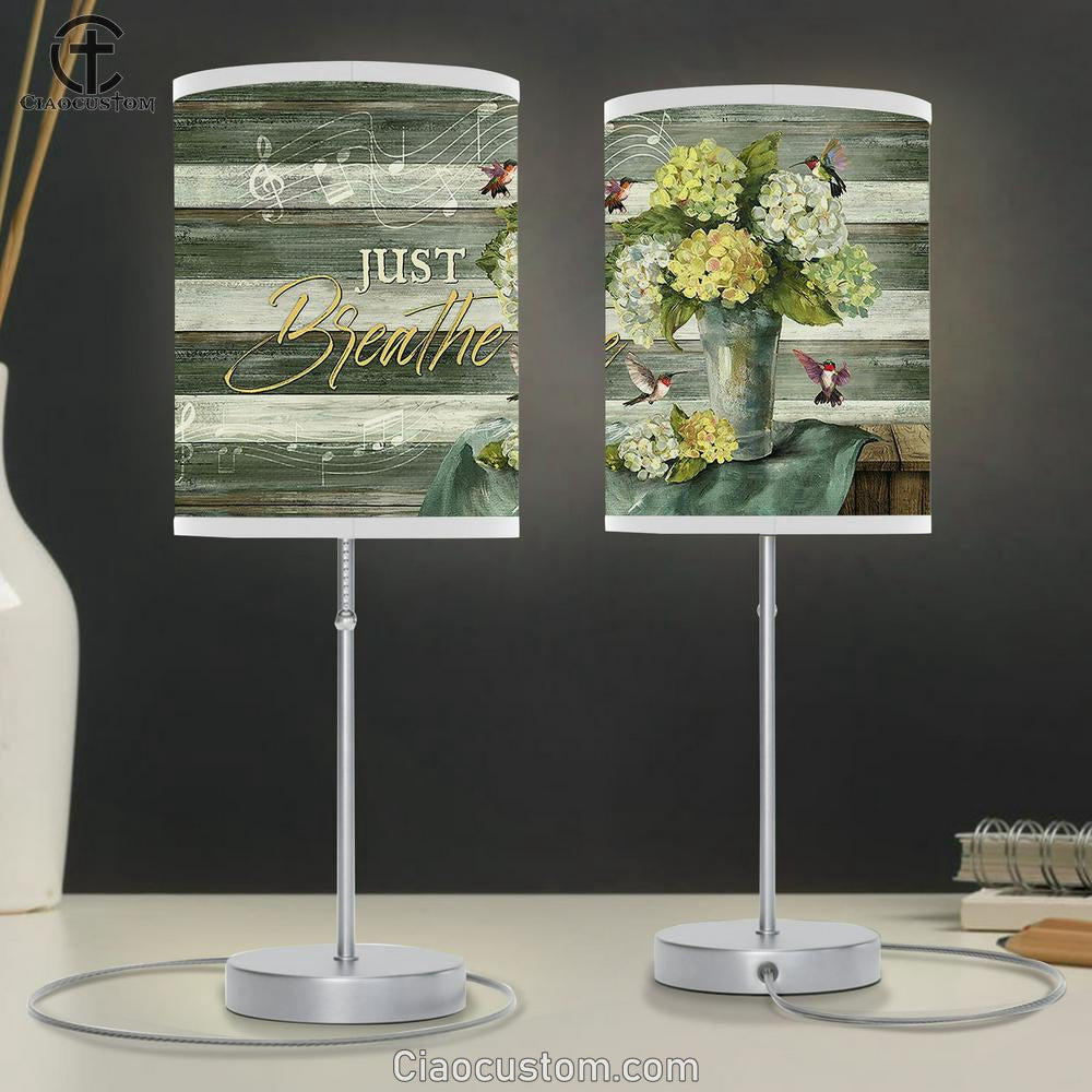 Just Breathe Green Hydrangeas Music Sheet Hummingbird Table Lamp Art - Christian Lamp Art Decor - Bible Verse Table Lamp
