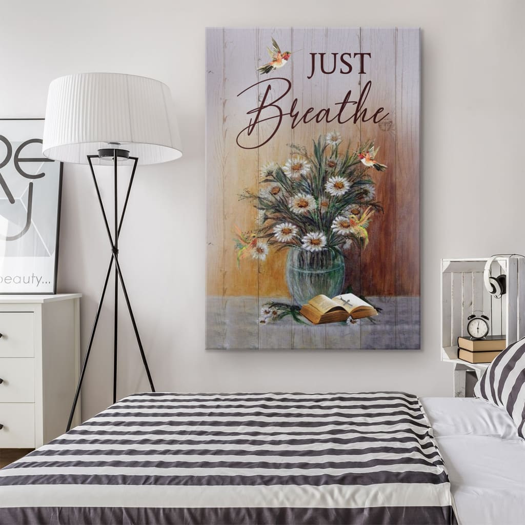 Just Breathe Hummingbird Daisy Canvas Wall Art - Christian Canvas Prints - Bible Verse Canvas
