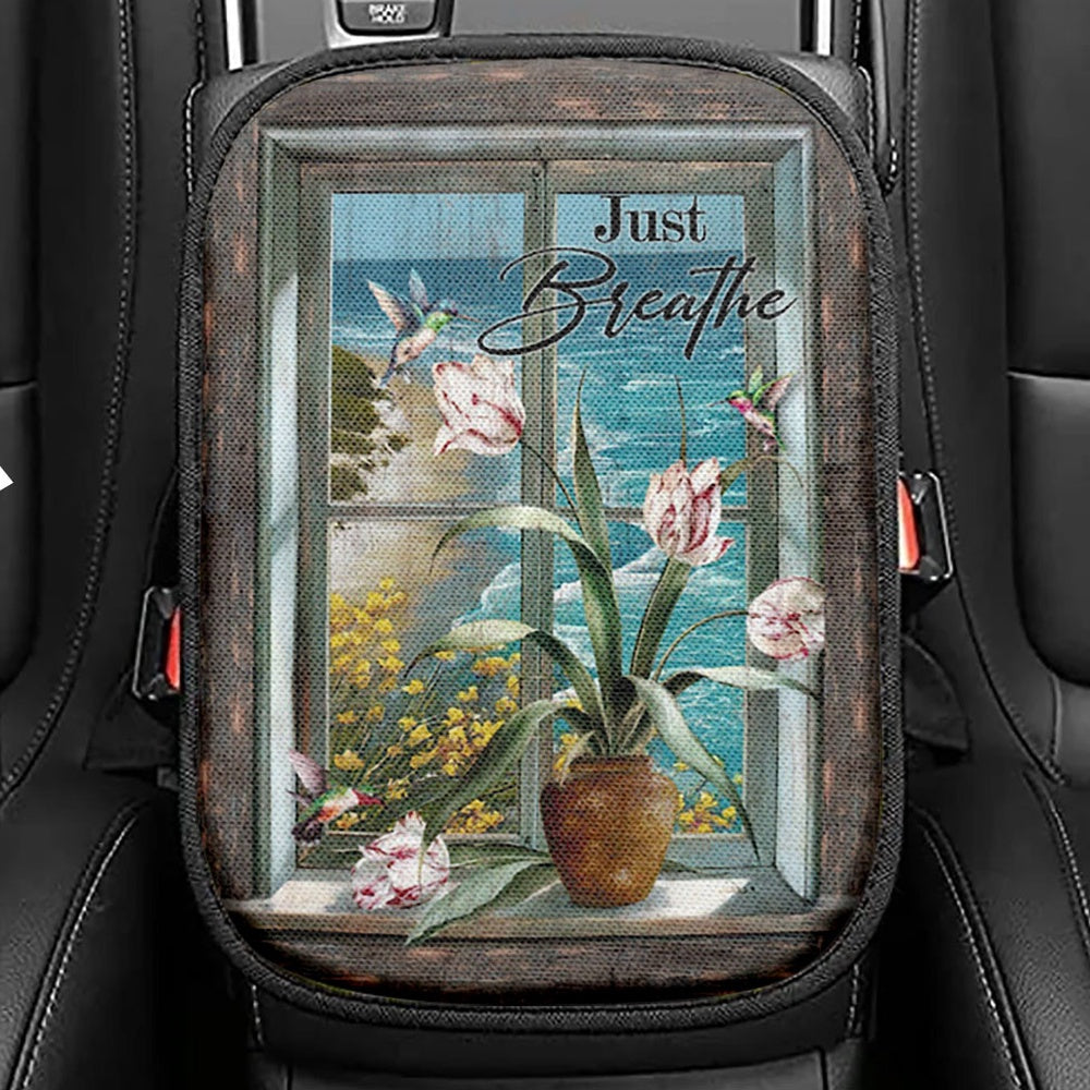 Just Breathe Hummingbird Rose White Peony Seat Box Cover, Bible Verse Car Center Console Cover, Christian Car Interior Accessories