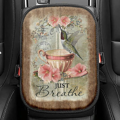 Just Breathe Hummingbird White Flower Seat Box Cover, Bible Verse Car Center Console Cover, Christian Car Interior Accessories