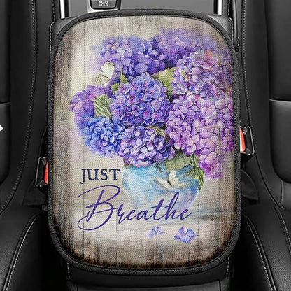 Just Breathe Hydrangeas Blue Flower Butterfly Seat Box Cover, Bible Verse Car Center Console Cover, Christian Car Interior Accessories