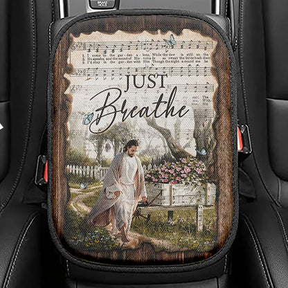 Just Breathe Pastel Flower Vase Yellow Butterfly Seat Box Cover, Christian Car Center Console Cover, Bible Verse Car Interior Accessories