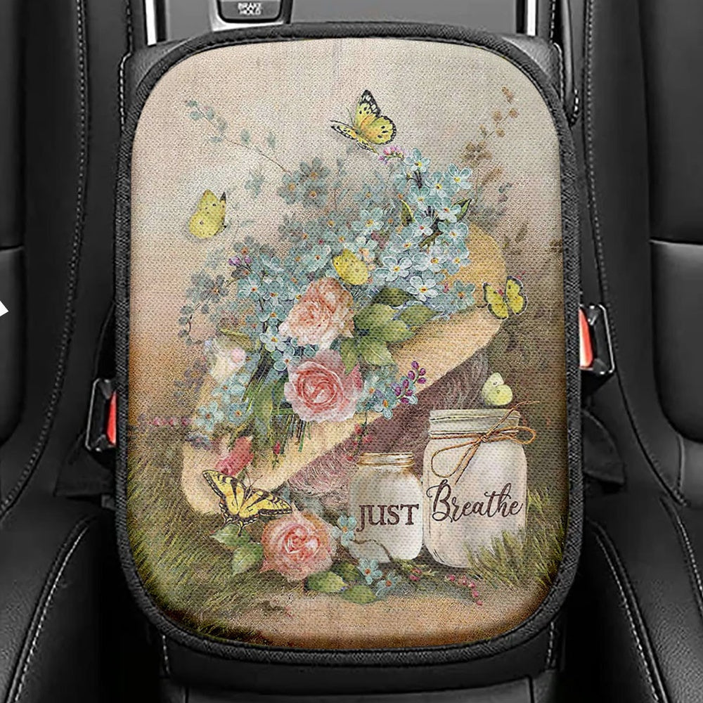 Just Breathe Poppy Blue Butterfly Seat Box Cover, Bible Verse Car Center Console Cover, Christian Car Interior Accessories