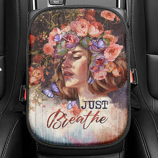 Just Breathe Red Rose Butterfly Seat Box Cover, Bible Verse Car Center Console Cover, Inspirational Car Interior Accessories