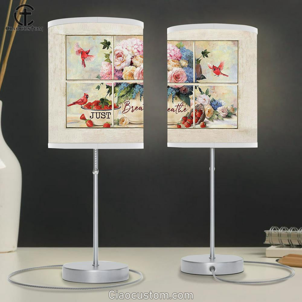 Just Breathe Rose Red Cardinal Table Lamp Art - Christian Lamp Art Decor - Bible Verse Table Lamp