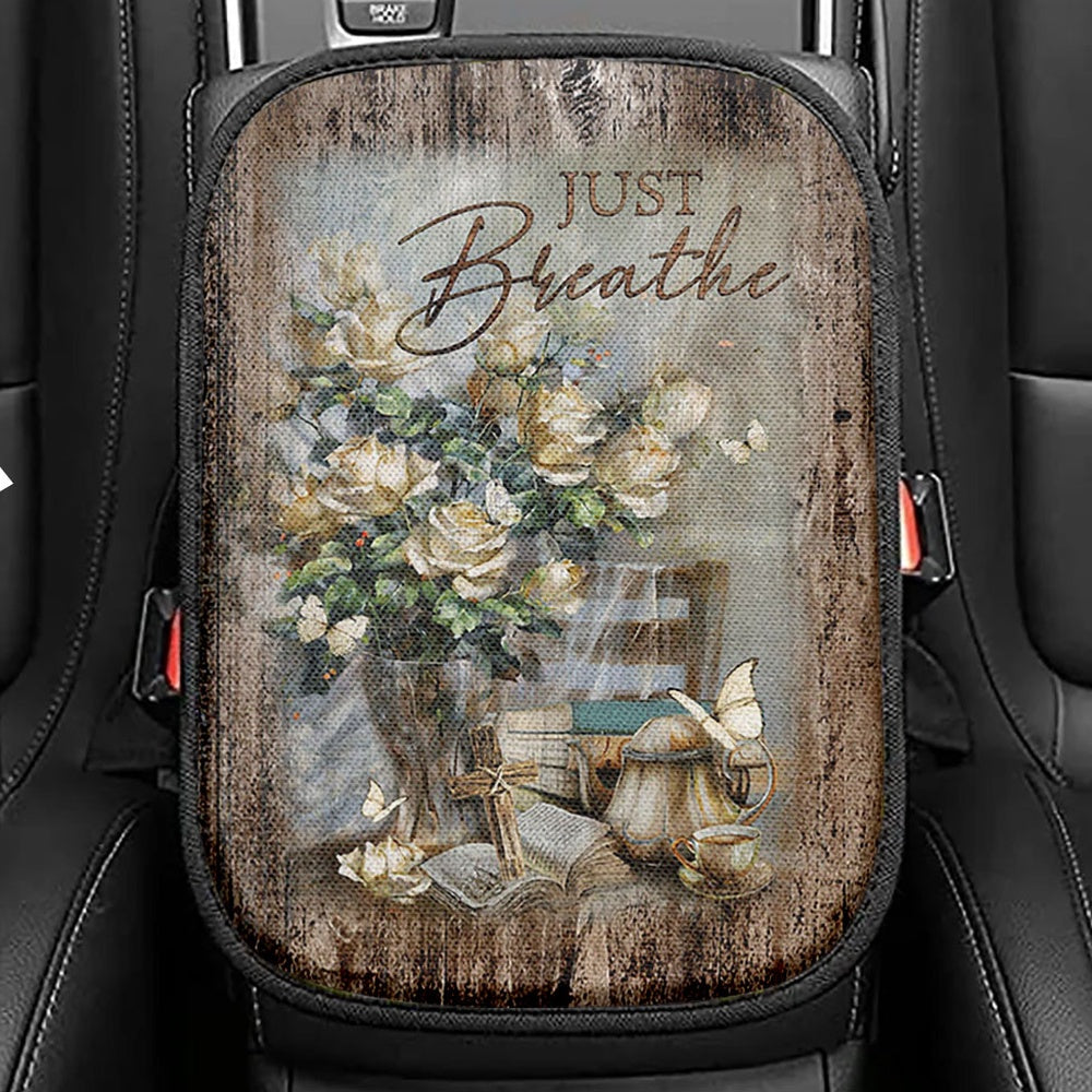 Just Breathe Seat Box Cover, Bible Verse Car Center Console Cover, Christian Car Interior Accessories