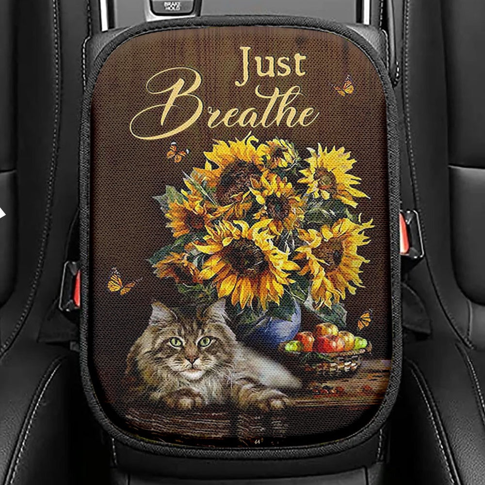 Just Breathe Seat Box Cover, Bible Verse Car Center Console Cover, Inspirational Car Interior Accessories