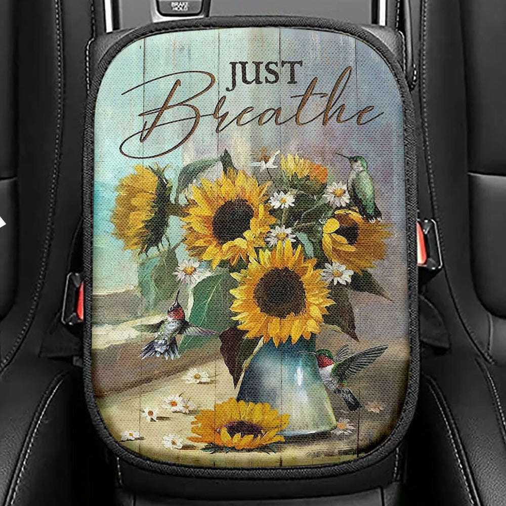 Just Breathe Sunflower Cat Seat Box Cover, Bible Verse Car Center Console Cover, Christian Car Interior Accessories
