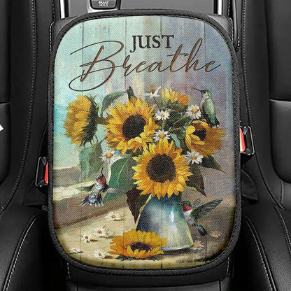 Just Breathe Sunflower Cat Seat Box Cover, Bible Verse Car Center Console Cover, Christian Car Interior Accessories