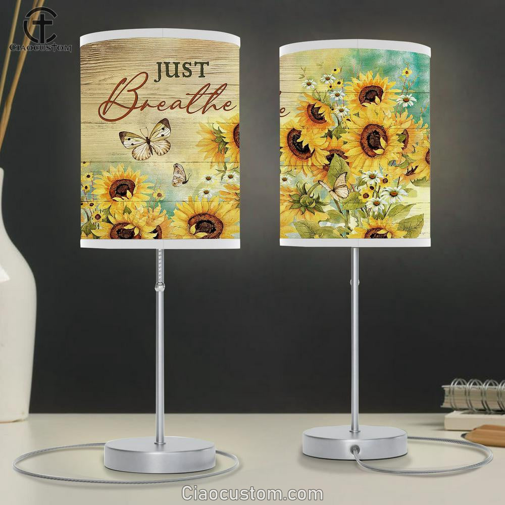 Just Breathe Sunflower Daisy Flower Butterfly Table Lamp Art - Bible Verse Lamp Art - Room Decor Christian