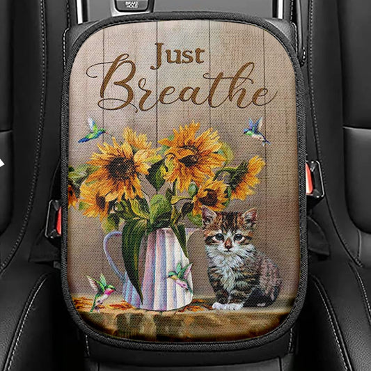 Just Breathe Sunflower Vase Hummingbird Seat Box Cover, Christian Car Center Console Cover, Bible Verse Car Interior Accessories