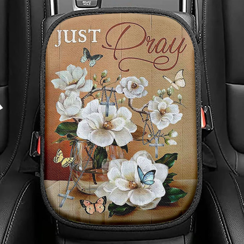 Just Breathe Sunflower Vase Little Cat Hummingbird Seat Box Cover, Bible Verse Car Center Console Cover, Christian Car Interior Accessories