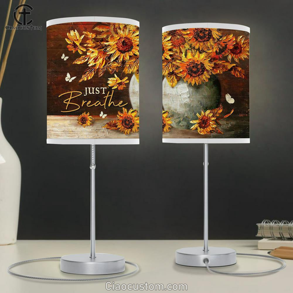 Just Breathe Sunflower White Butterfly Table Lamp Art - Christian Lamp Art Decor - Bible Verse Table Lamp