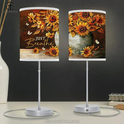 Just Breathe Sunflower White Butterfly Table Lamp Art - Christian Lamp Art Decor - Bible Verse Table Lamp