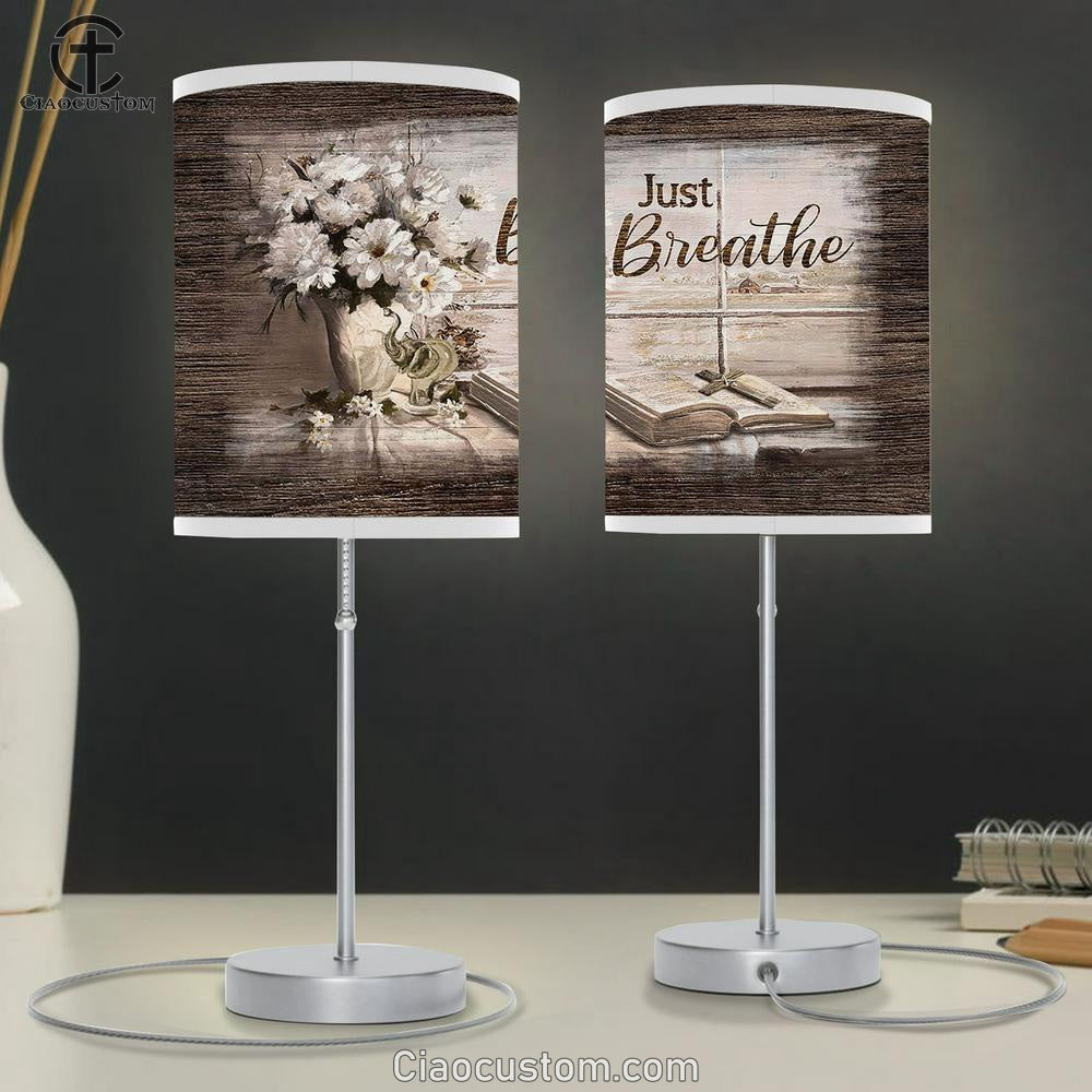 Just Breathe White Daisy Bible Cross Table Lamp Art - Bible Verse Lamp Art - Room Decor Christian