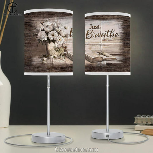 Just Breathe White Daisy Bible Cross Table Lamp Art - Bible Verse Lamp Art - Room Decor Christian