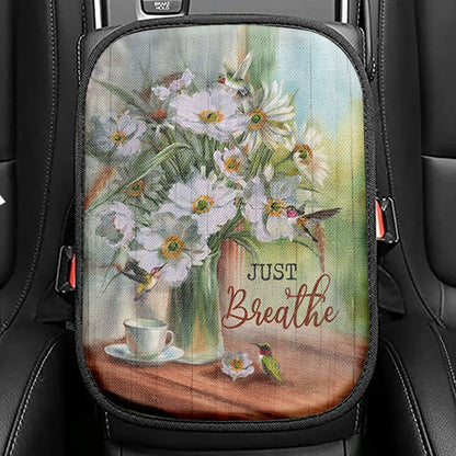 Just Breathe White Flower Hummingbird Seat Box Cover, Bible Verse Car Center Console Cover, Christian Car Interior Accessories