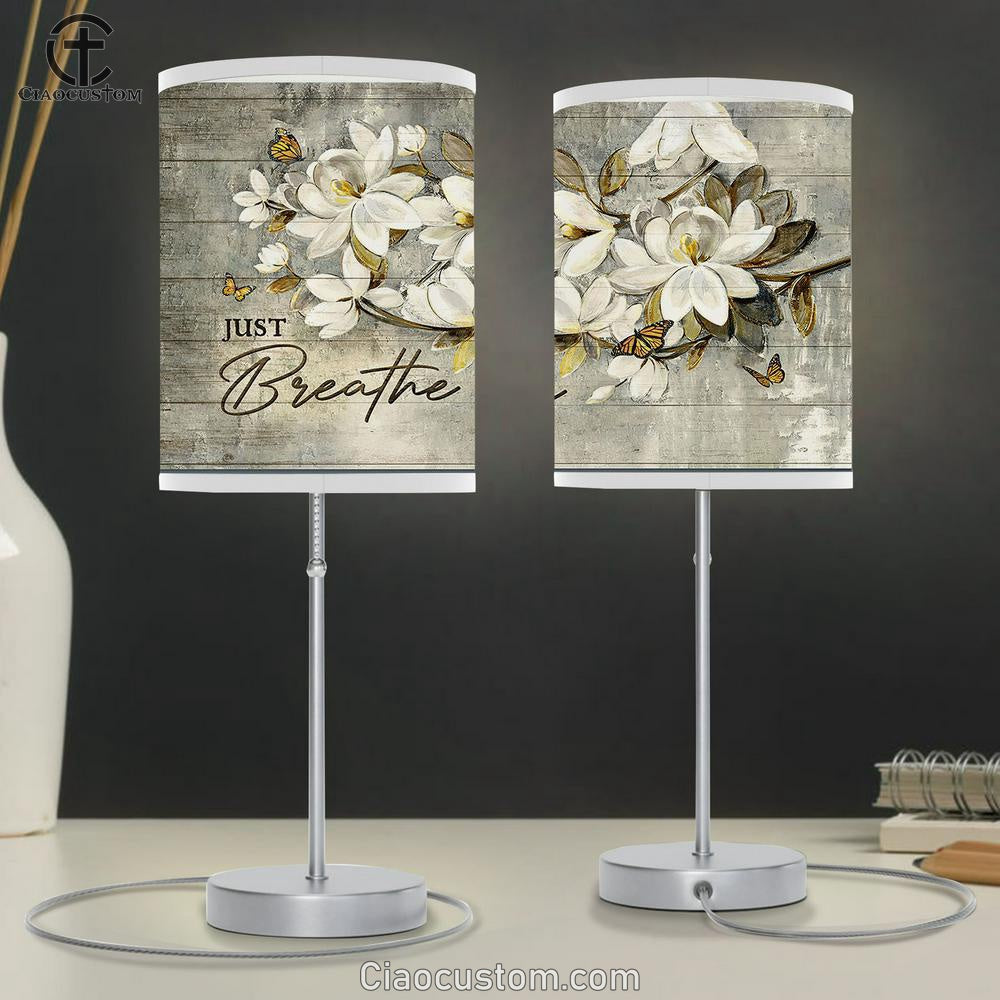 Just Breathe White Flower Monarch Butterfly Table Lamp Art - Bible Verse Lamp Art - Room Decor Christian