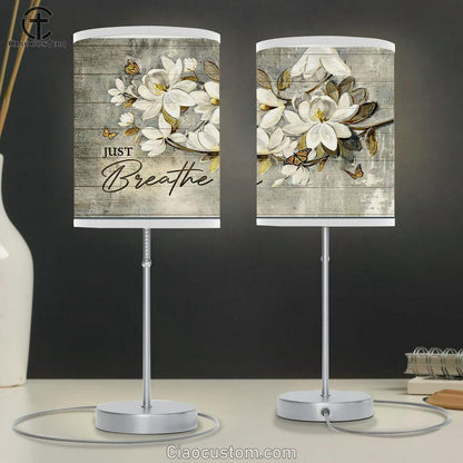 Just Breathe White Flower Monarch Butterfly Table Lamp Art - Bible Verse Lamp Art - Room Decor Christian