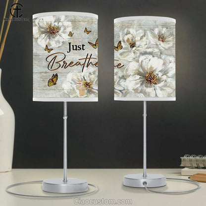 Just Breathe White Flower Yellow Butterfly Table Lamp Art - Bible Verse Lamp Art - Room Decor Christian