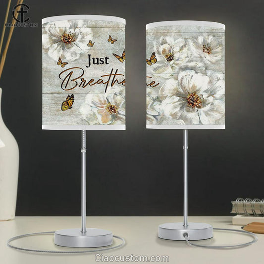Just Breathe White Flower Yellow Butterfly Table Lamp Art - Bible Verse Lamp Art - Room Decor Christian