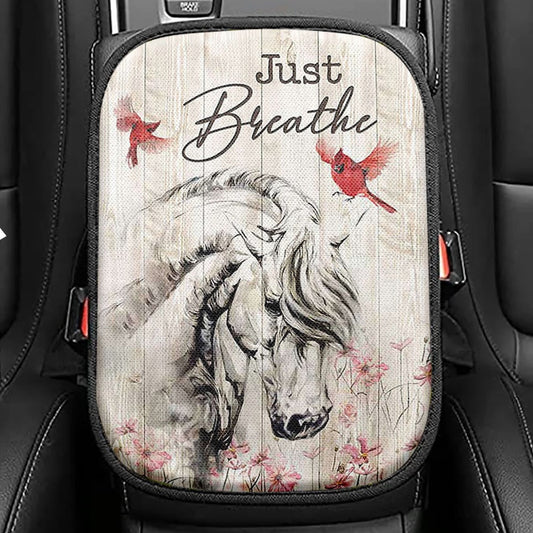 Just Breathe White Horse Red Cardinal Seat Box Cover, Bible Verse Car Center Console Cover, Christian Car Interior Accessories