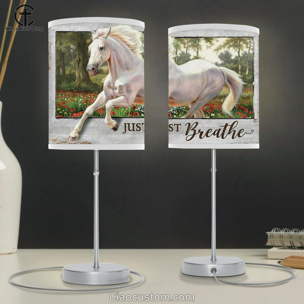 Just Breathe White Horse Running In The Wood Table Lamp Prints - Christian Lamp Art - Religious Home Decor