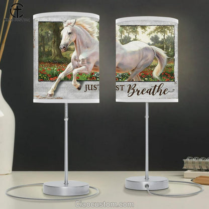 Just Breathe White Horse Running In The Wood Table Lamp Prints - Christian Lamp Art - Religious Home Decor