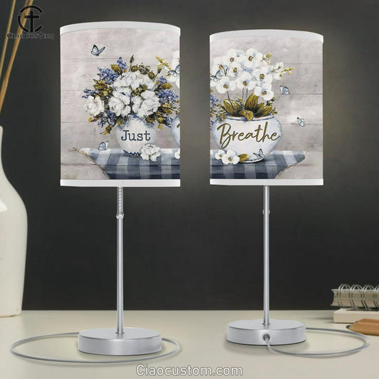 Just Breathe White Orchid Butterfly Table Lamp Art - Bible Verse Lamp Art - Room Decor Christian