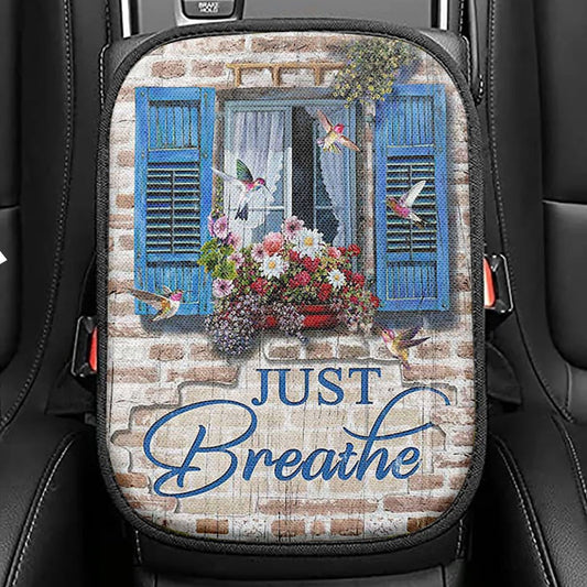 Just Breathe Window Flower Hummingbird Seat Box Cover, Bible Verse Car Center Console Cover, Christian Car Interior Accessories
