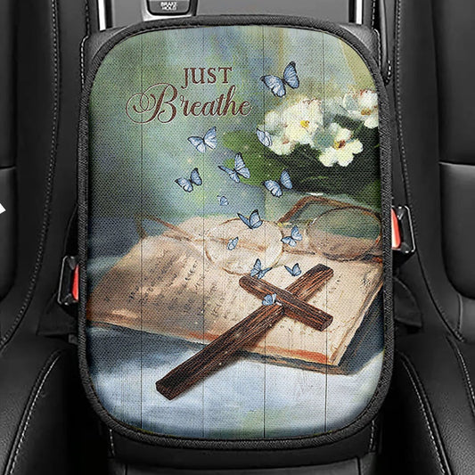 Just Breathe Wooden Cross Bible Seat Box Cover, Christian Car Center Console Cover, Religious Car Interior Accessories