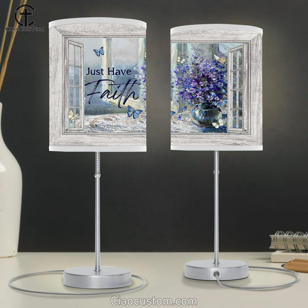 Just Have Faith Balloon Flower Crystal Vase Blue Butterfly Table Lamp For Bedroom - Bible Verse Table Lamp - Religious Room Decor
