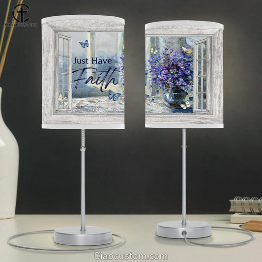 Just Have Faith Balloon Flower Crystal Vase Blue Butterfly Table Lamp For Bedroom - Bible Verse Table Lamp - Religious Room Decor
