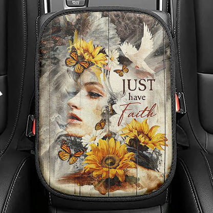 Just Have Faith Beautiful Girl Sunflower Seat Box Cover, Christian Car Center Console Cover, Bible Verse Car Interior Accessories