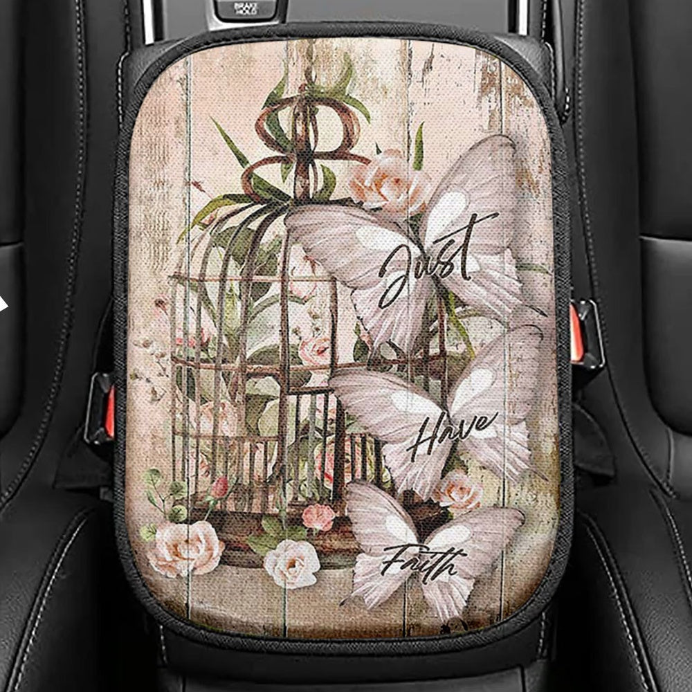 Just Have Faith Bird Cage White Butterfly Seat Box Cover, Bible Verse Car Center Console Cover, Inspirational Car Interior Accessories