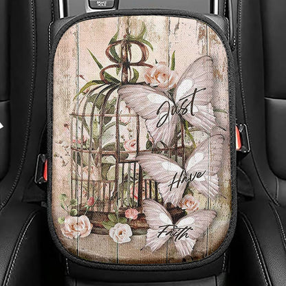Just Have Faith Bird Cage White Butterfly Seat Box Cover, Bible Verse Car Center Console Cover, Inspirational Car Interior Accessories