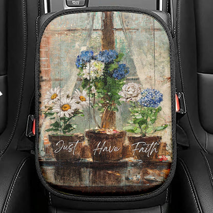 Just Have Faith Blue Hydrangea White Daisy Seat Box Cover, Bible Verse Car Center Console Cover, Inspirational Car Interior Accessories