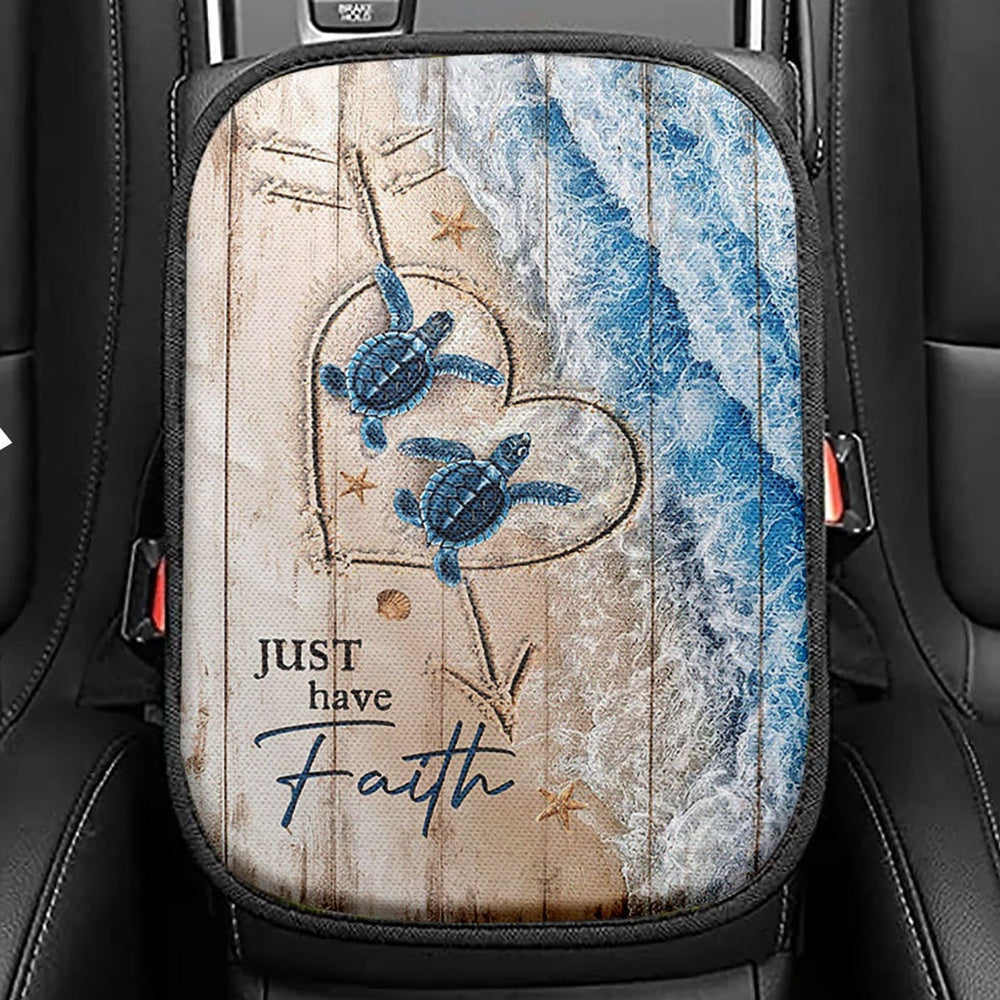 Just Have Faith Blue Turtle Seat Box Cover, Bible Verse Car Center Console Cover, Inspirational Car Interior Accessories