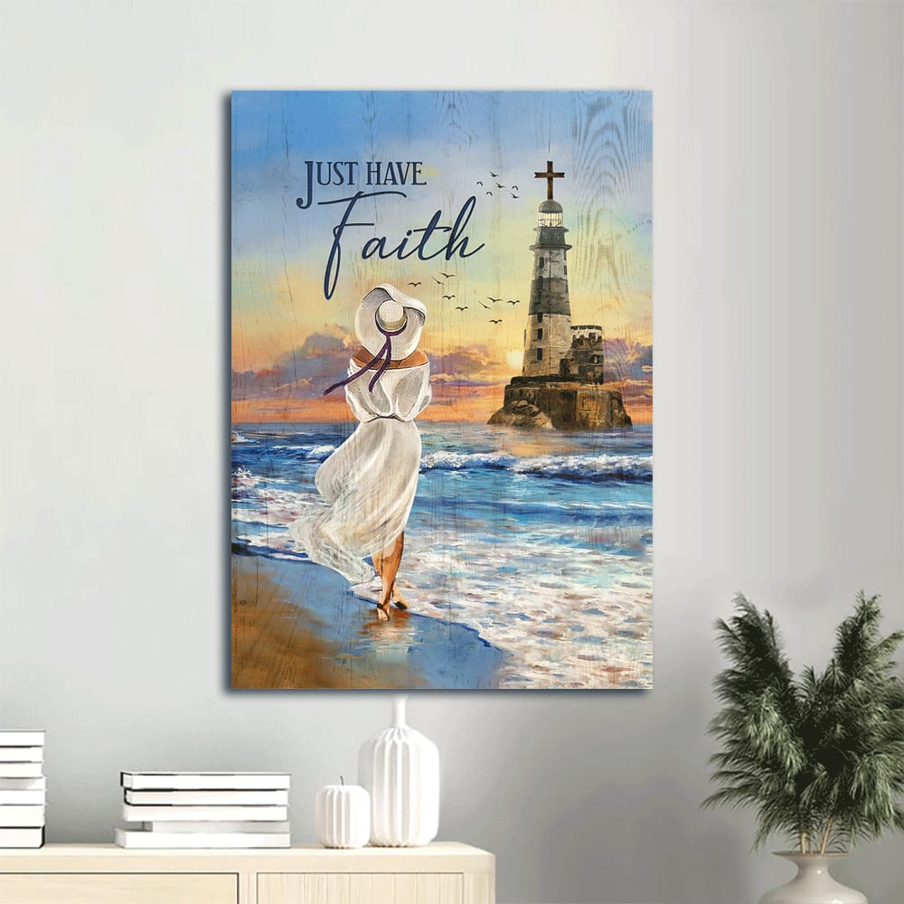 Just Have Faith Canvas Wall Art - Beautiful Girl Lighthouse Seagull Canvas - Gift For Her