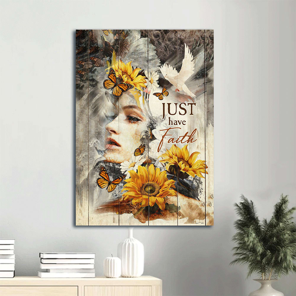 Just Have Faith Canvas Wall Art - Beautiful Girl Sunflower Flying Dove Canvas