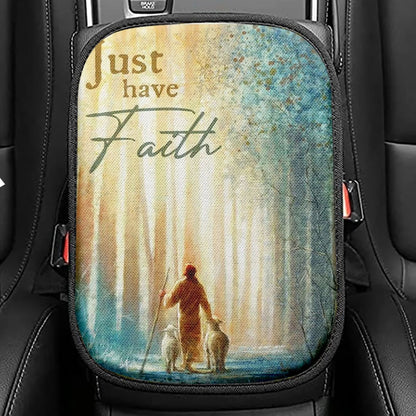 Just Have Faith He Leadeth Me Jesus Sheep Seat Box Cover, Jesus Christ Car Center Console Cover, Christian Car Interior Accessories