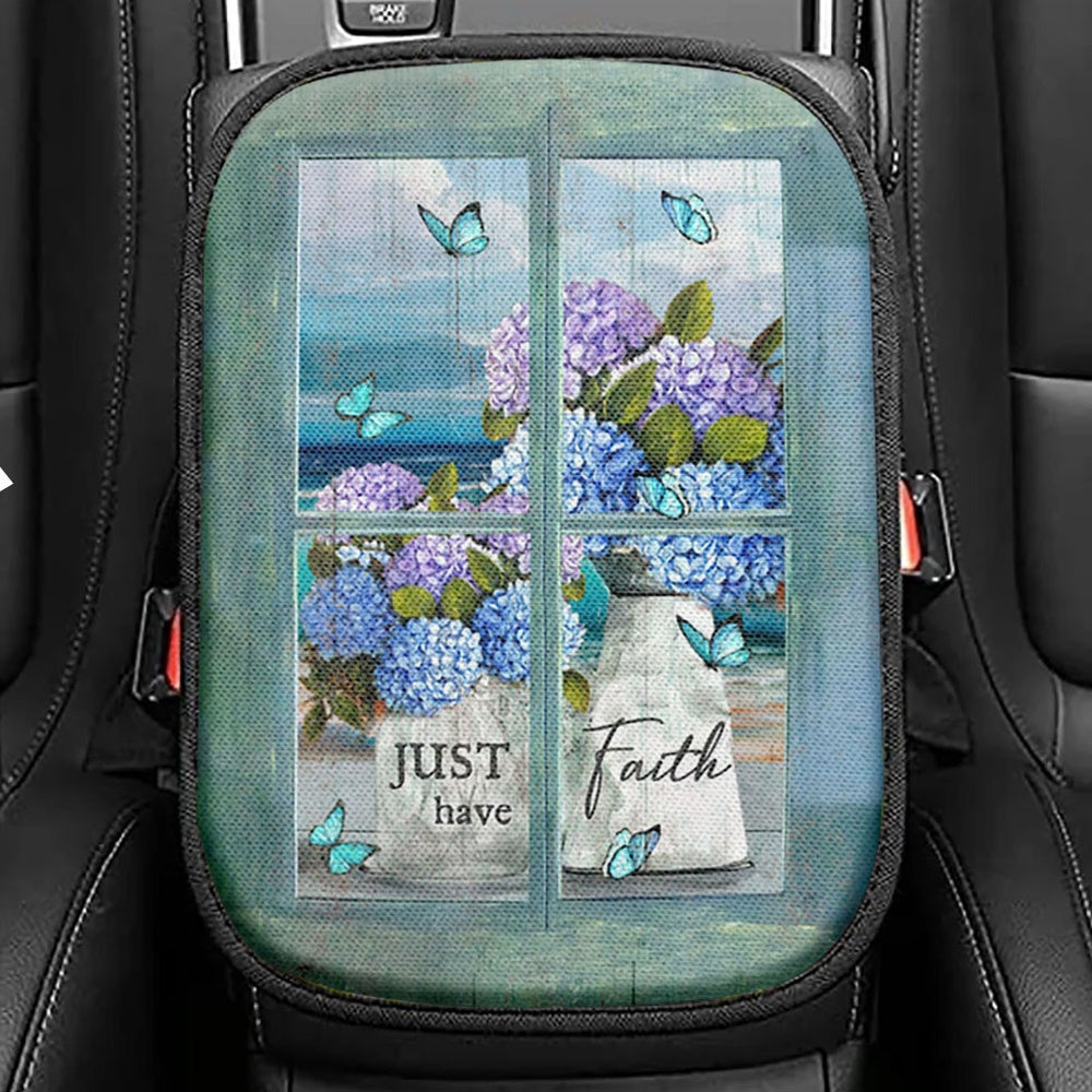 Just Have Faith Hydrangea Pretty Butterfly Seat Box Cover, Bible Verse Car Center Console Cover, Christian Car Interior Accessories