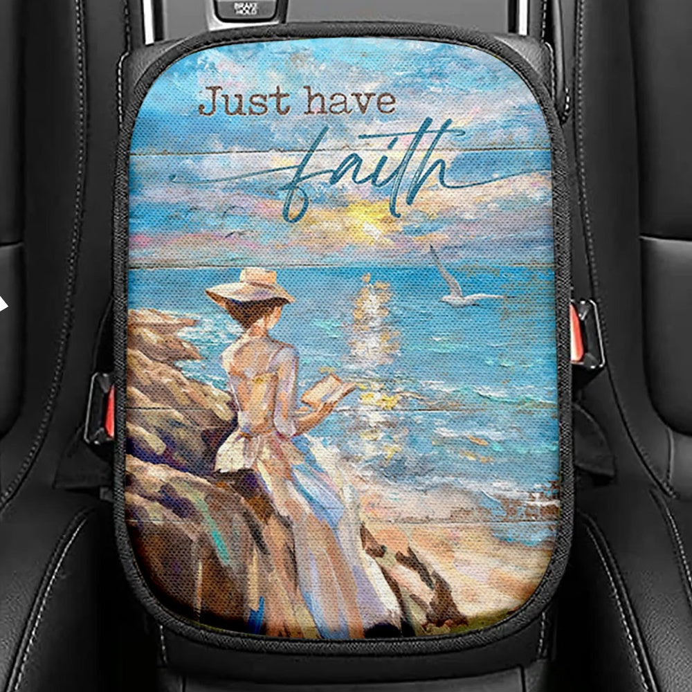 Just Have Faith Lady Reading Book Seat Box Cover, Bible Verse Car Center Console Cover, Christian Car Interior Accessories