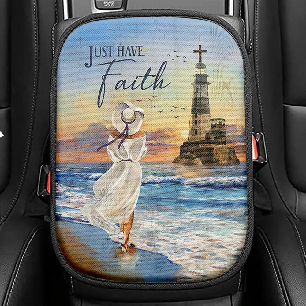 Just Have Faith Ocean Lighthouse Seat Box Cover, Christian Car Center Console Cover, Bible Verse Car Interior Accessories