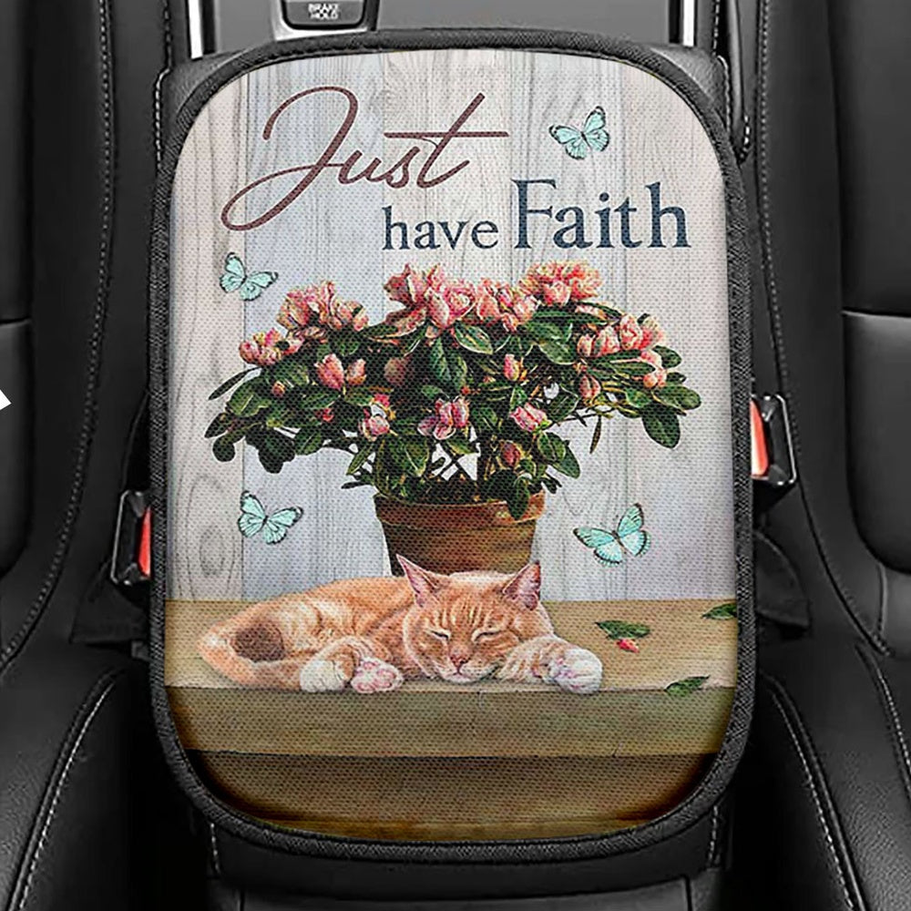 Just Have Faith Pink Flower Sleeping Cat Seat Box Cover, Bible Verse Car Center Console Cover, Christian Car Interior Accessories