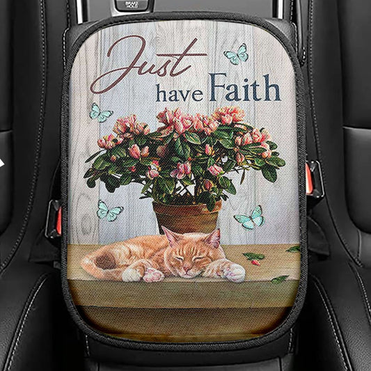 Just Have Faith Pink Flower Sleeping Cat Seat Box Cover, Bible Verse Car Center Console Cover, Christian Car Interior Accessories