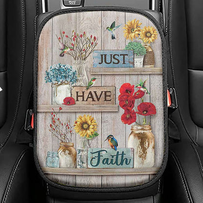 Just Have Faith Poppy Sunflower Hummingbird Seat Box Cover, Bible Verse Car Center Console Cover, Christian Car Interior Accessories